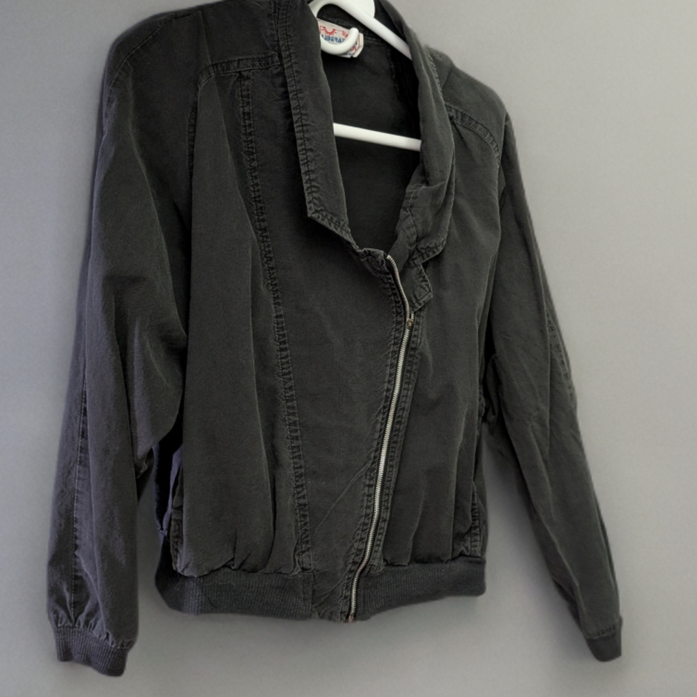 Rare 80s Grunge Black Bomber Jacket USA Made Liberation Diagonal Zip 100% Cotton